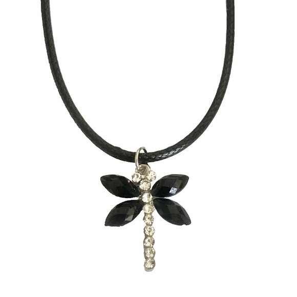 Vintage Dragonfly Necklace Insect Crystal Silver Plated Black Cord Stainless 18" - Picture 5 of 10
